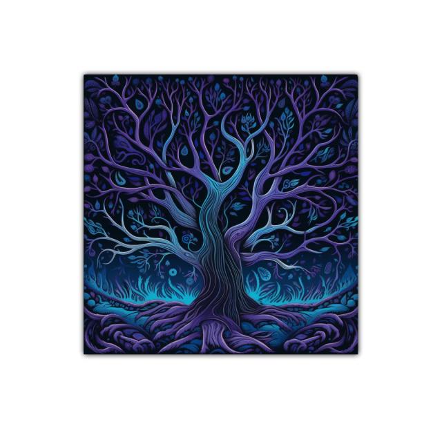 Árbol místico en tonos azules y violetas vibrantes