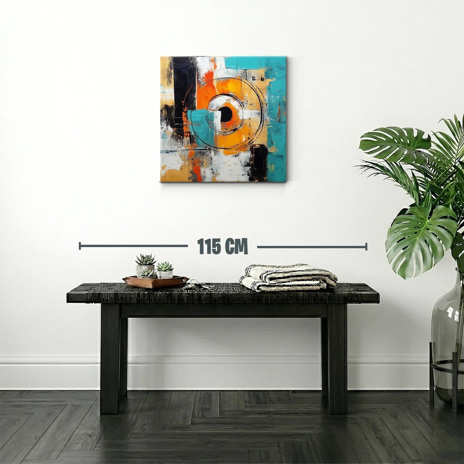 Cuadro abstracto con círculos y tonos vibrantes en azul y naranja — miniatura 2