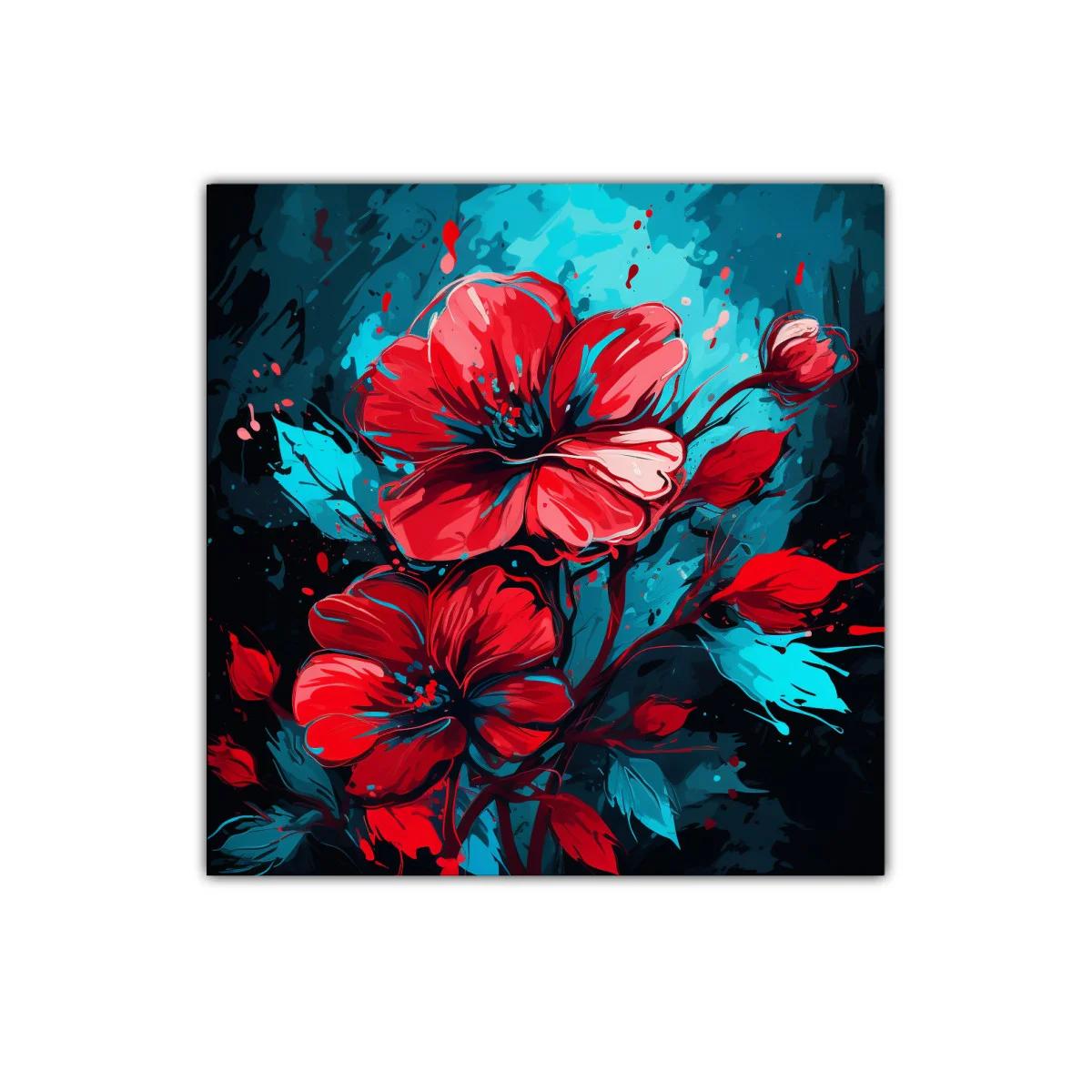 Flor roja vibrante sobre fondo azul intenso y negro