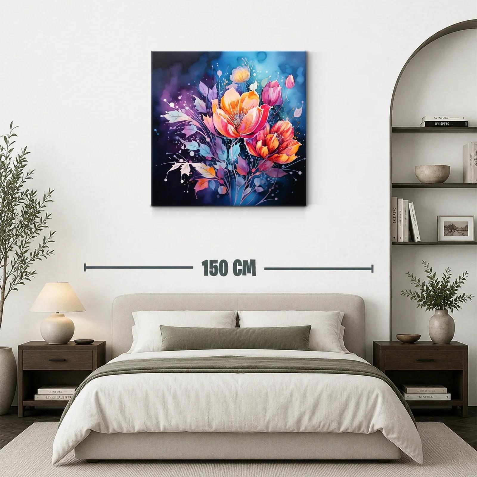 Ramo vibrante de flores en tonos cálidos y fondo azul — miniatura 3