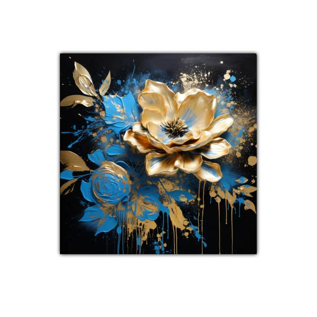 Flores doradas y azules en fondo oscuro vibrante