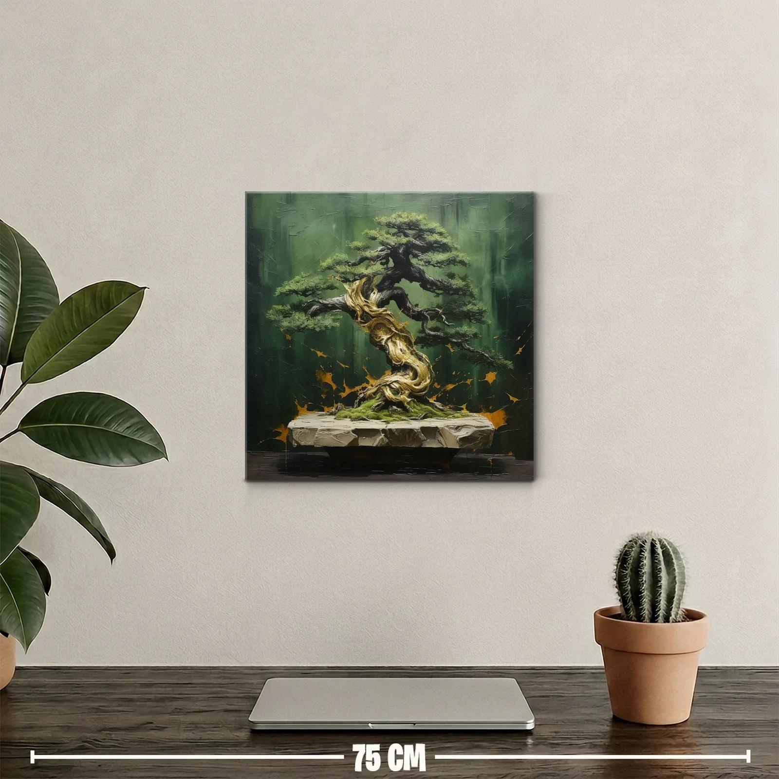 Cuadro árbol bonsái con tonos verdes y dorados — miniatura 2