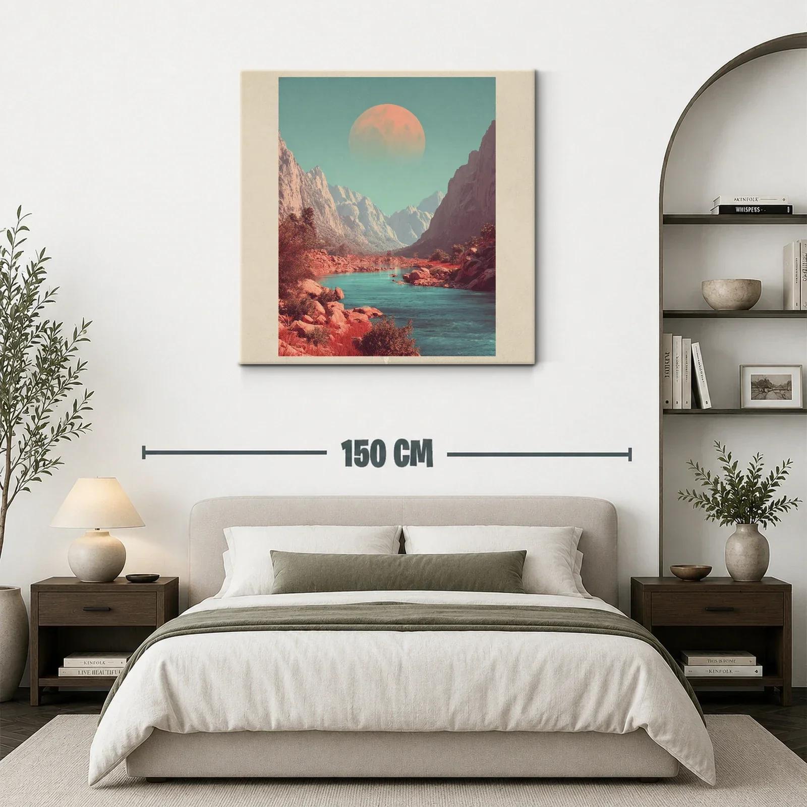 Paisaje montañoso con río y luna en tonos cálidos y fríos — miniatura 3