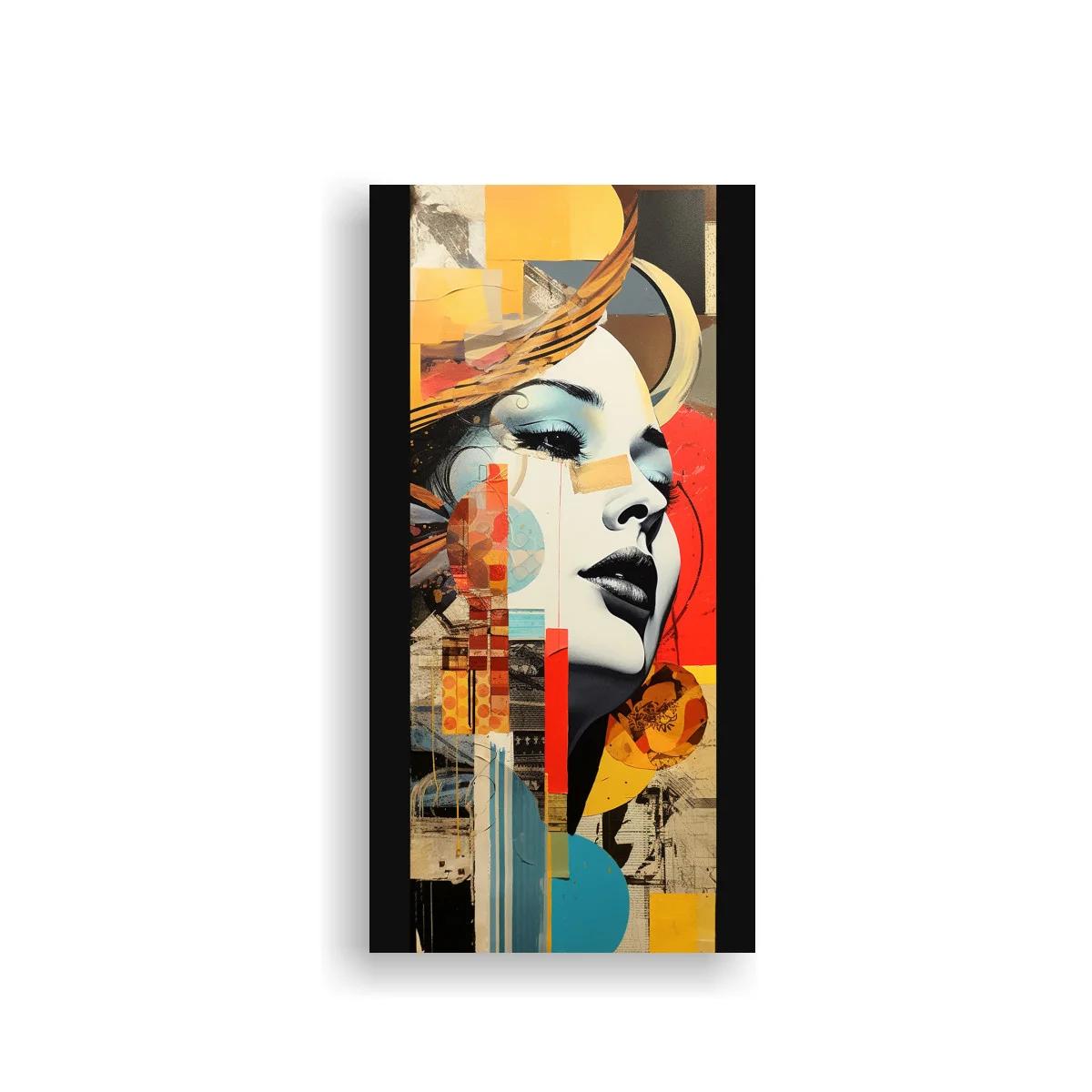 Cuadro rostro de mujer con collage geométrico y trazos fluidos — imagen principal