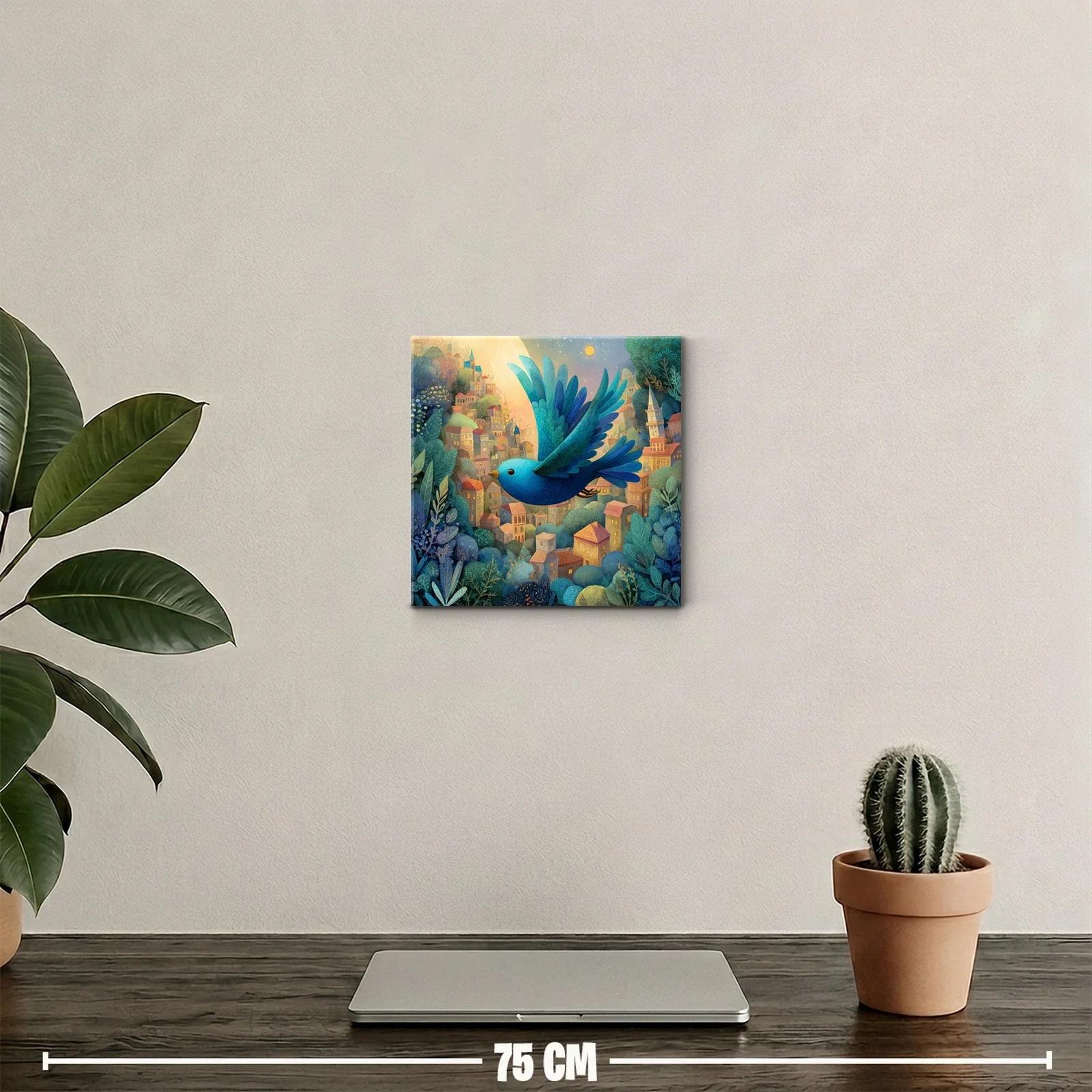 Cuadro decorativo de pájaro azul sobre ciudad al atardecer — miniatura 2