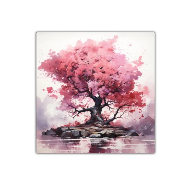 Árbol con Follaje Rosa en Isla Rocosa