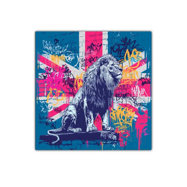 León imponente sobre fondo urbano de colores vibrantes