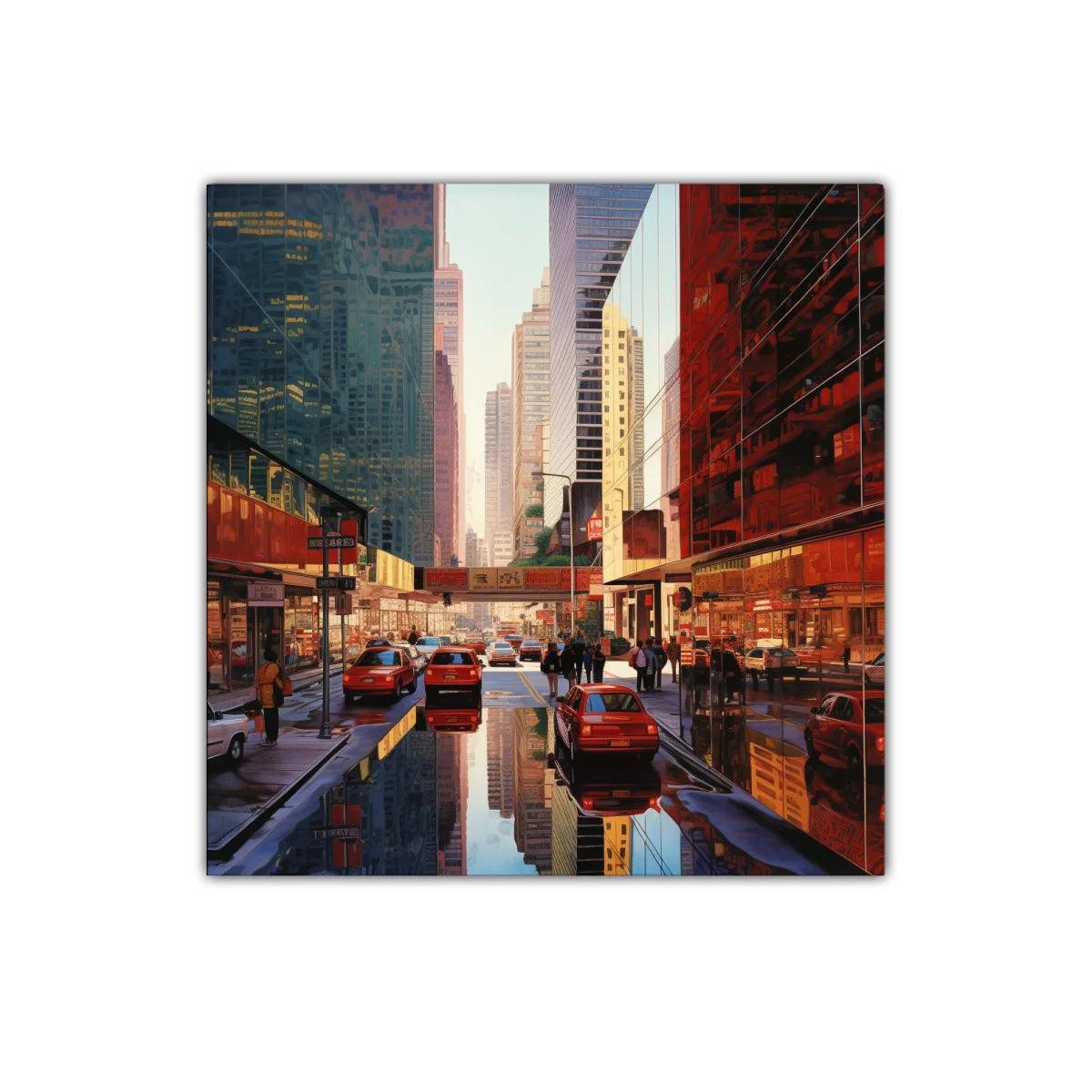 Calle urbana con reflejos de rascacielos y tráfico diario — imagen principal