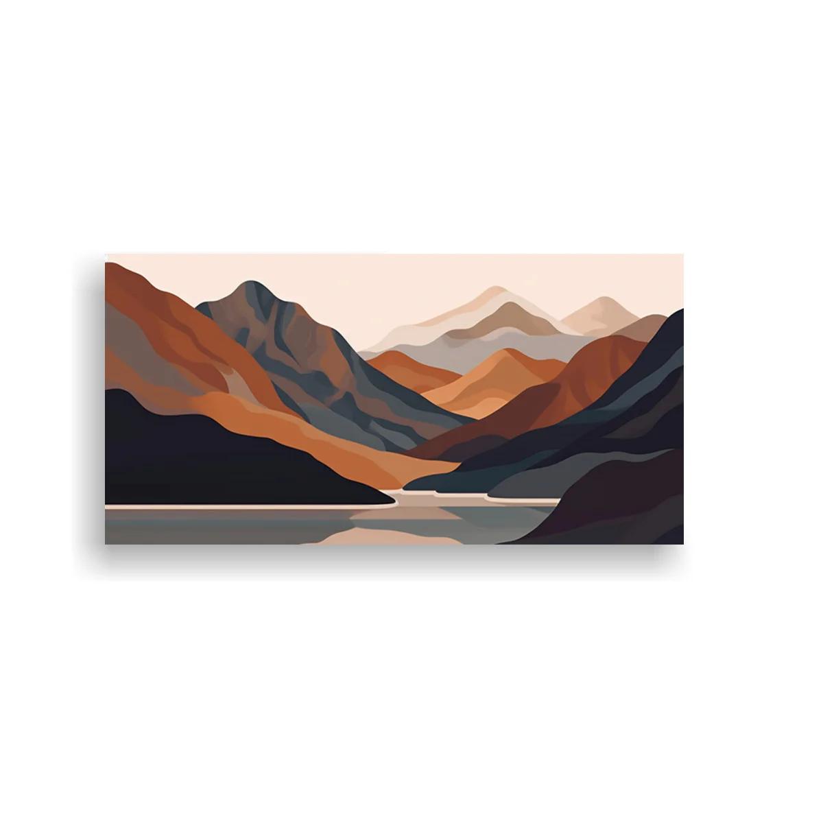 Cuadro paisaje de montañas en capas y agua serena