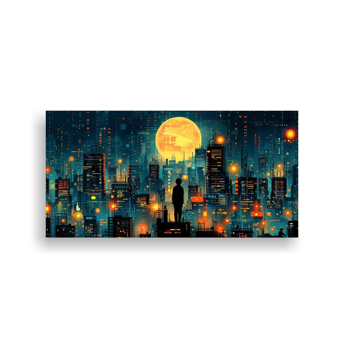 Cuadro pareja contemplando una ciudad nocturna con luna grande