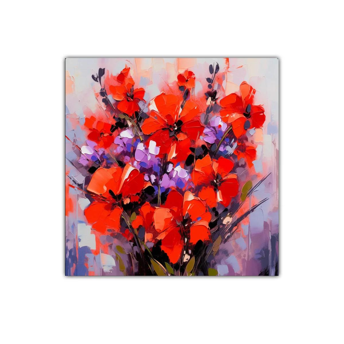 Cuadro decorativo con ramo vibrante de flores rojas y lilas — imagen principal