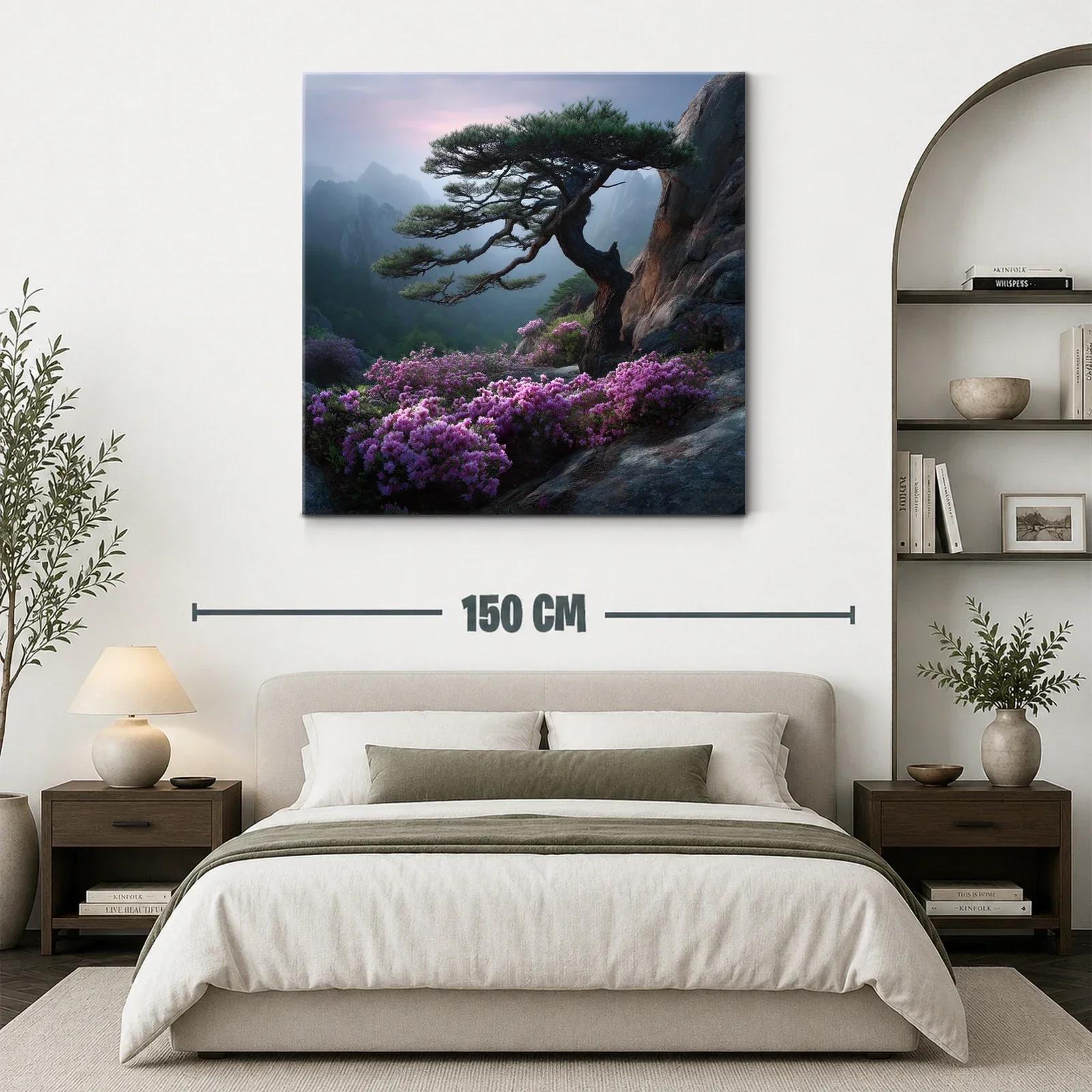 Paisaje sereno con árbol y flores sobre rocas en montaña — miniatura 3