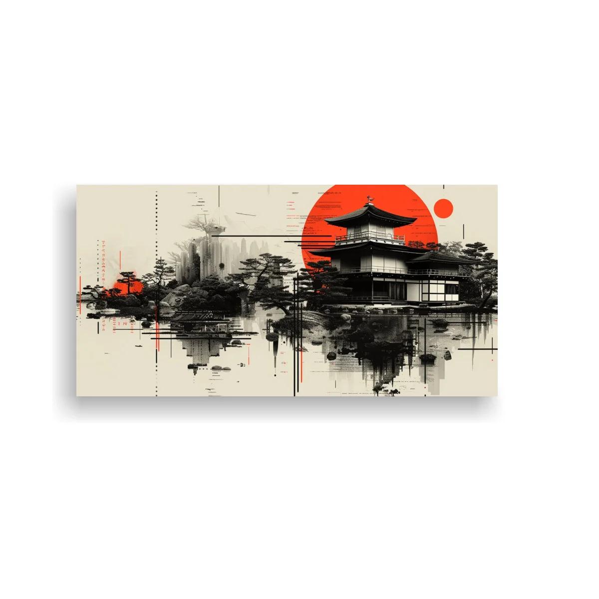 Cuadro pagoda japonesa con sol rojo y trazos de tinta — imagen principal