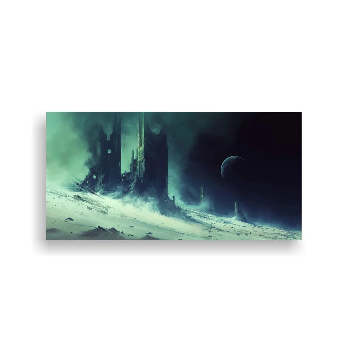 Cuadro castillo futurista oscuro sobre paisaje helado — imagen principal