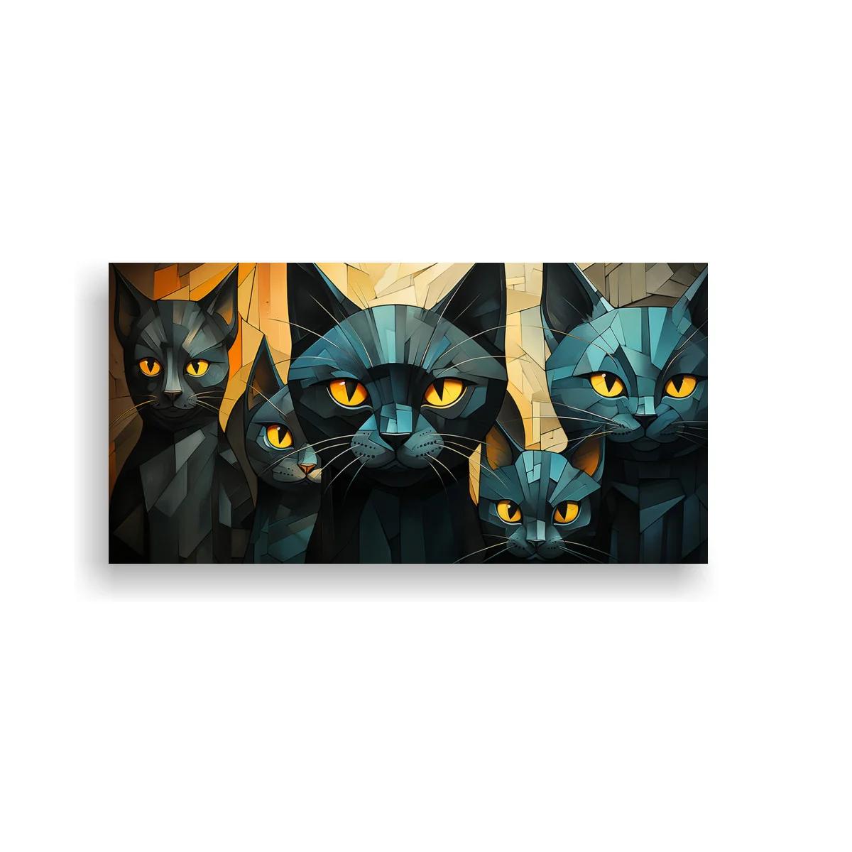 Cuadro grupo de gatos negros de ojos amarillos en estilo facetado