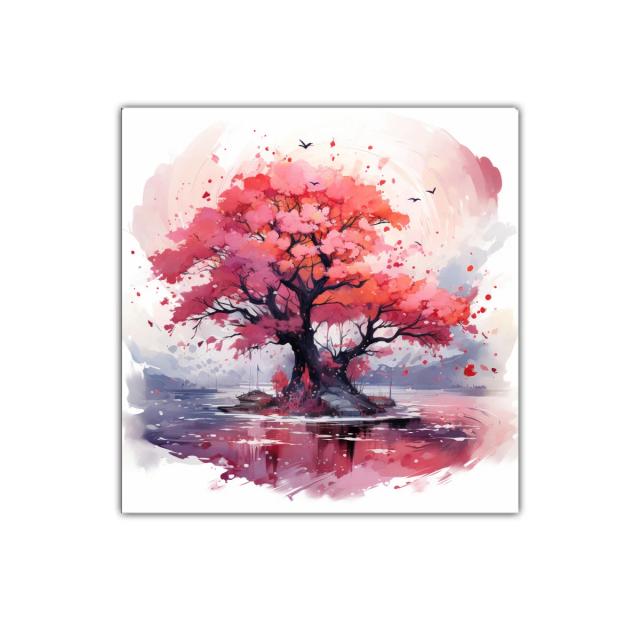 Árbol en tonos rosas y rojos sobre lago sereno