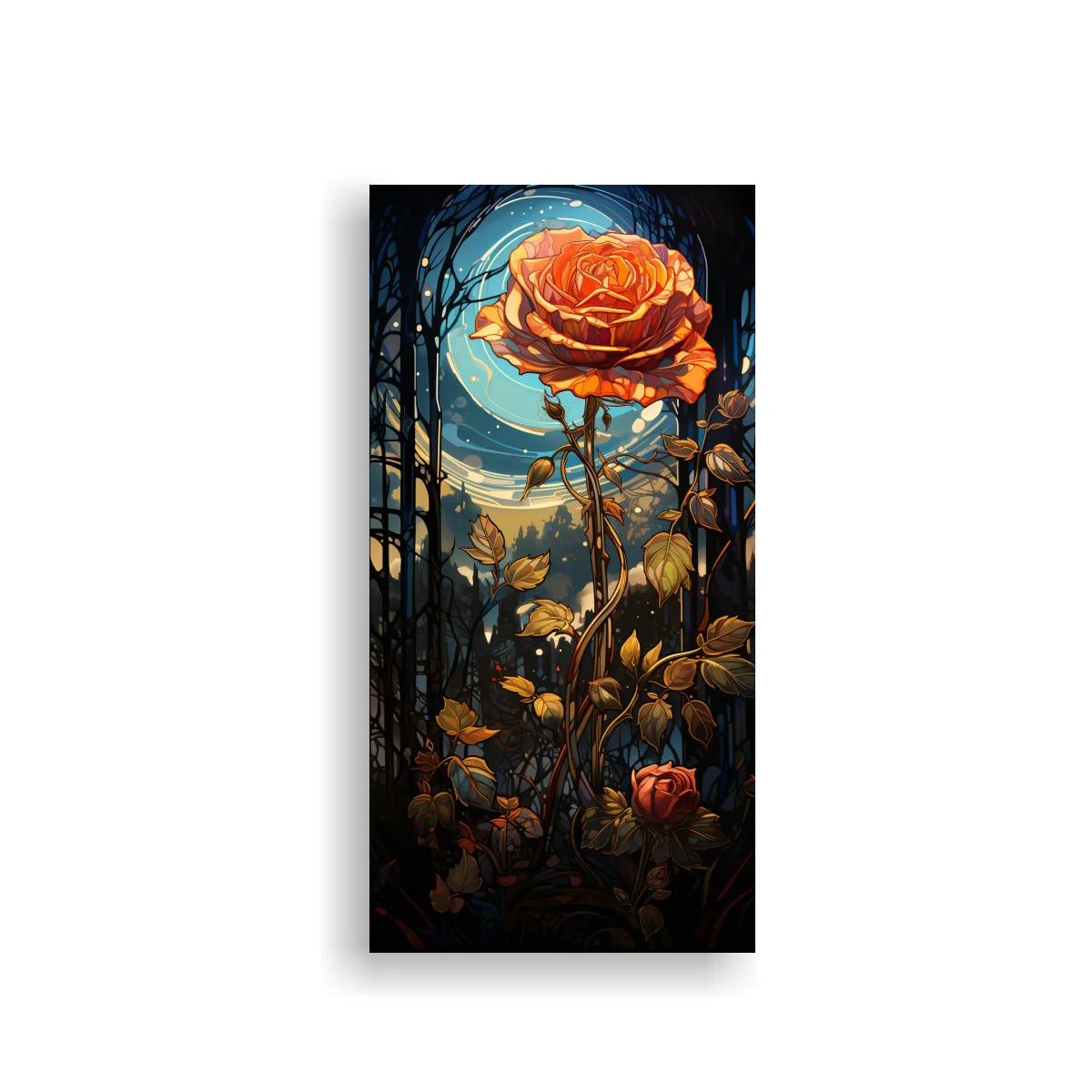 Cuadro rosa naranja con halo azul y ramas oscuras