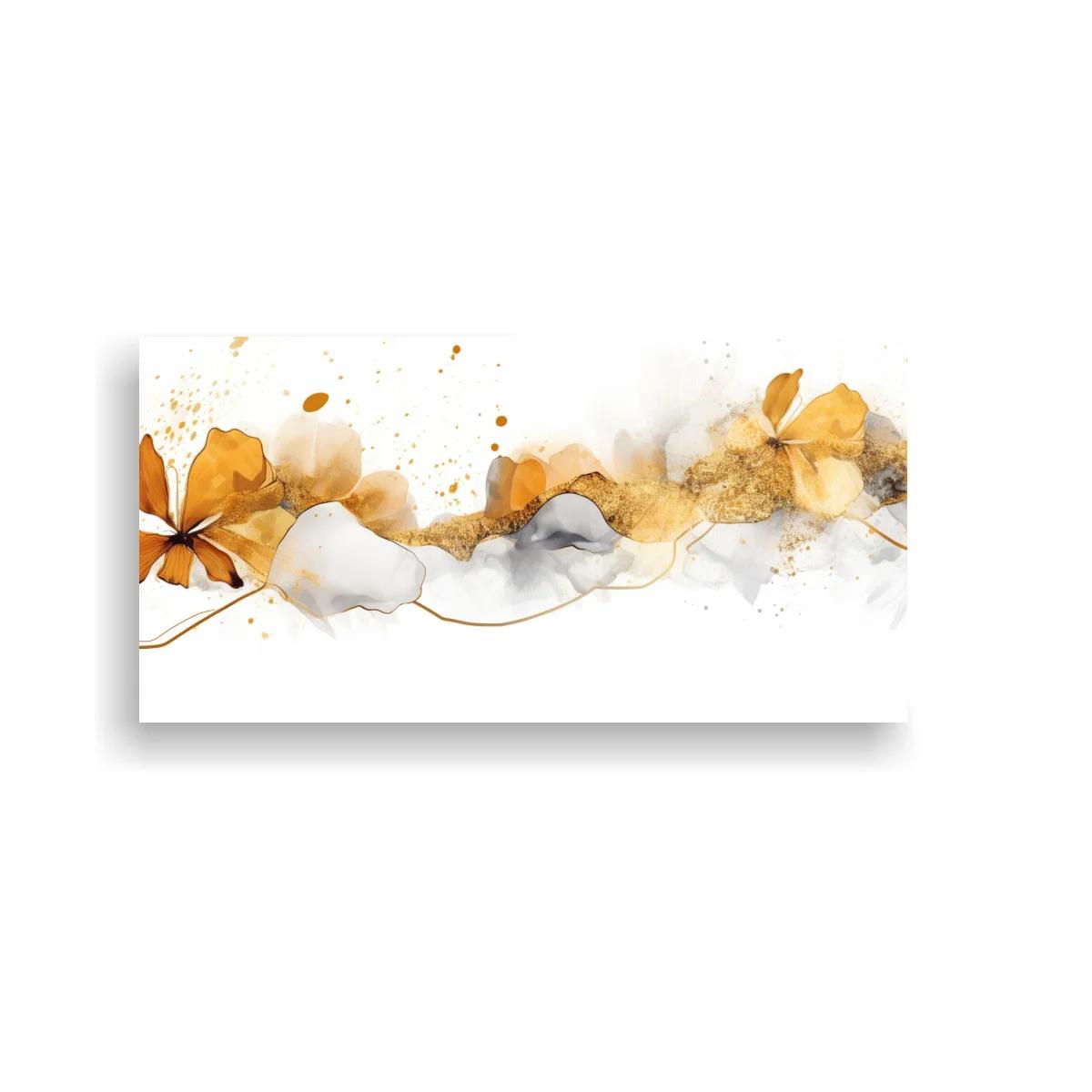 Cuadro flores abstractas doradas con ondas fluidas
