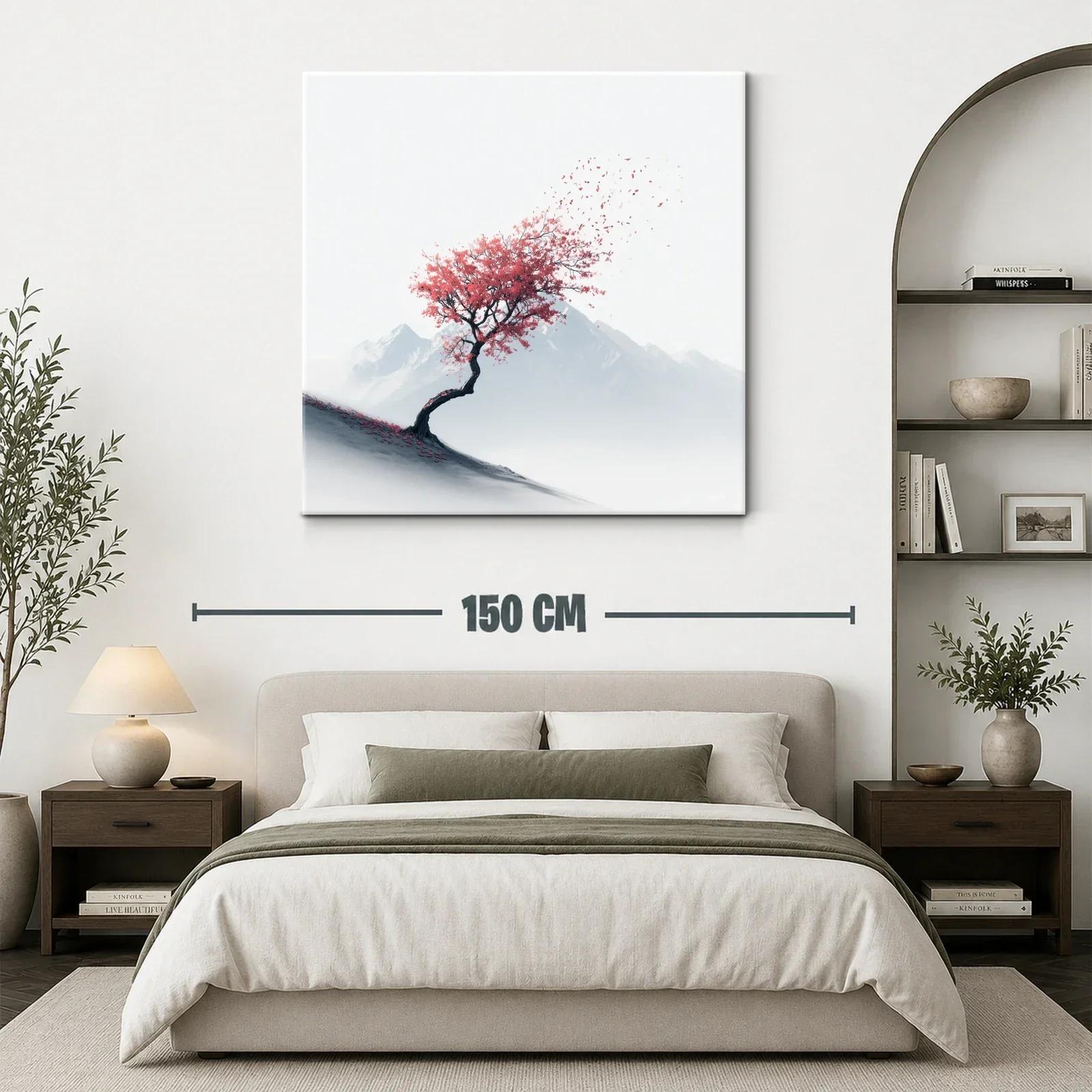 Árbol solitario con hojas rojas contra montañas — miniatura 3