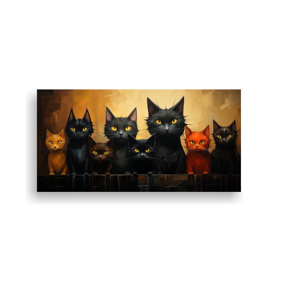 Cuadro grupo de gatos negros con ojos amarillos y fondo dorado
