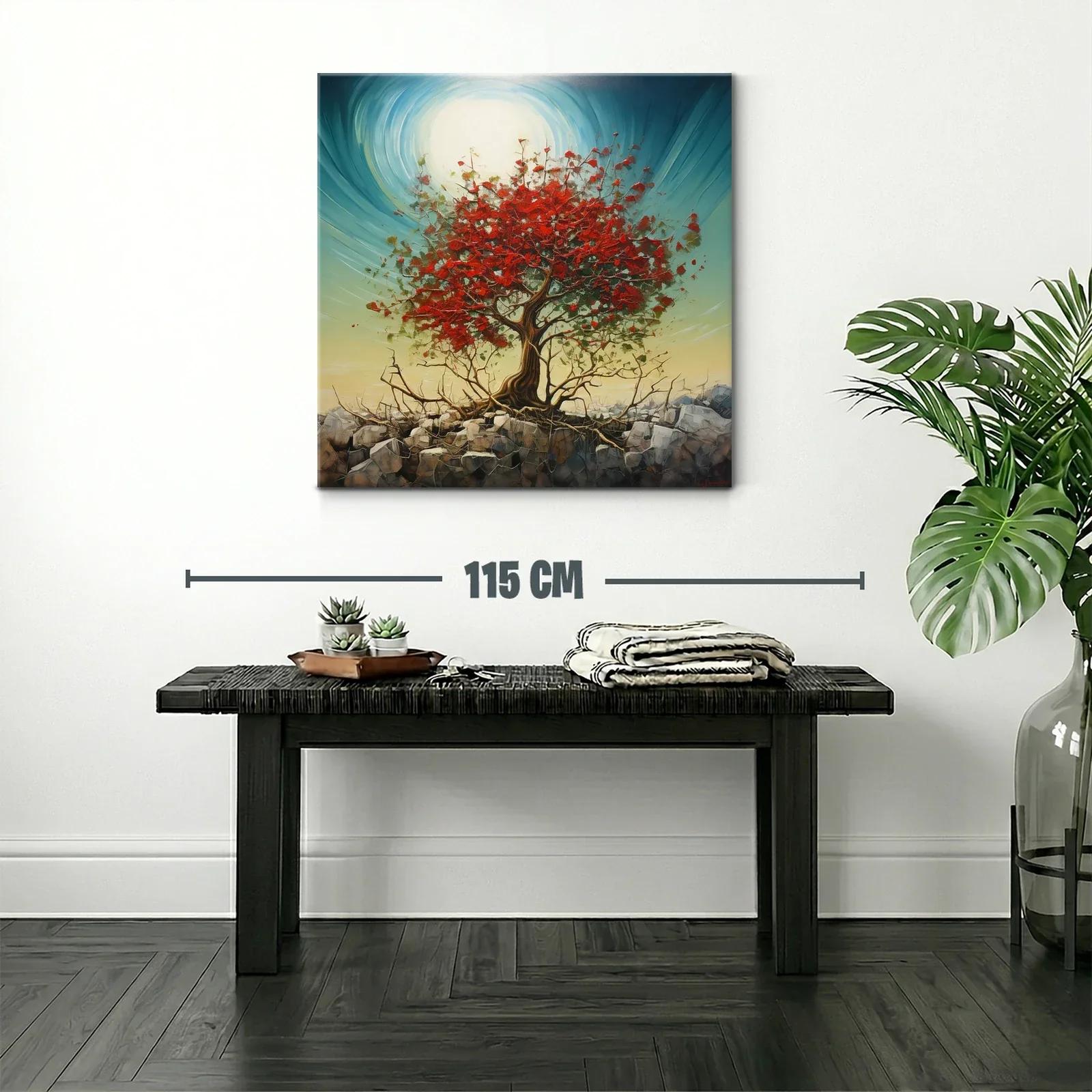 Árbol rojo vibrante sobre rocas con cielo luminoso — miniatura 2