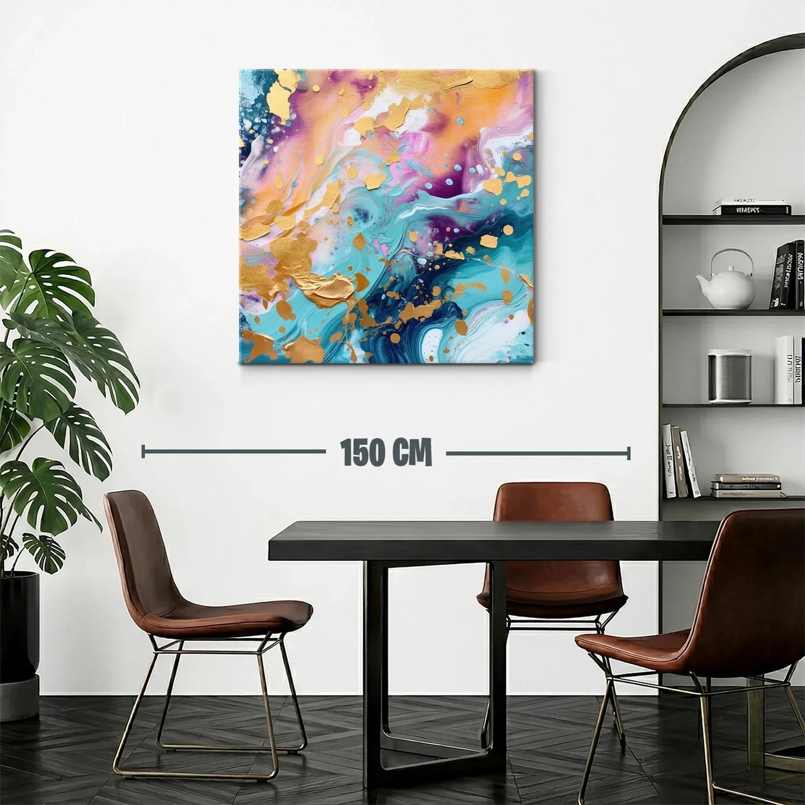 Cuadro abstracto con tonos dorados y vibrantes azules — miniatura 2
