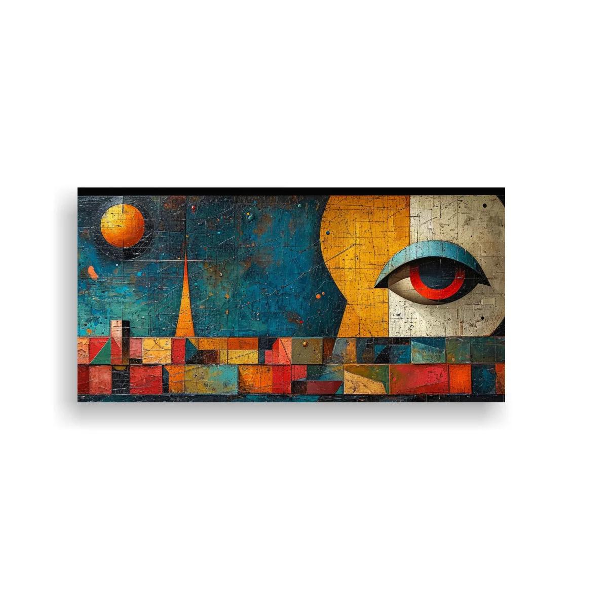 Cuadro ojo surrealista con luna naranja y torre puntiaguda — imagen principal