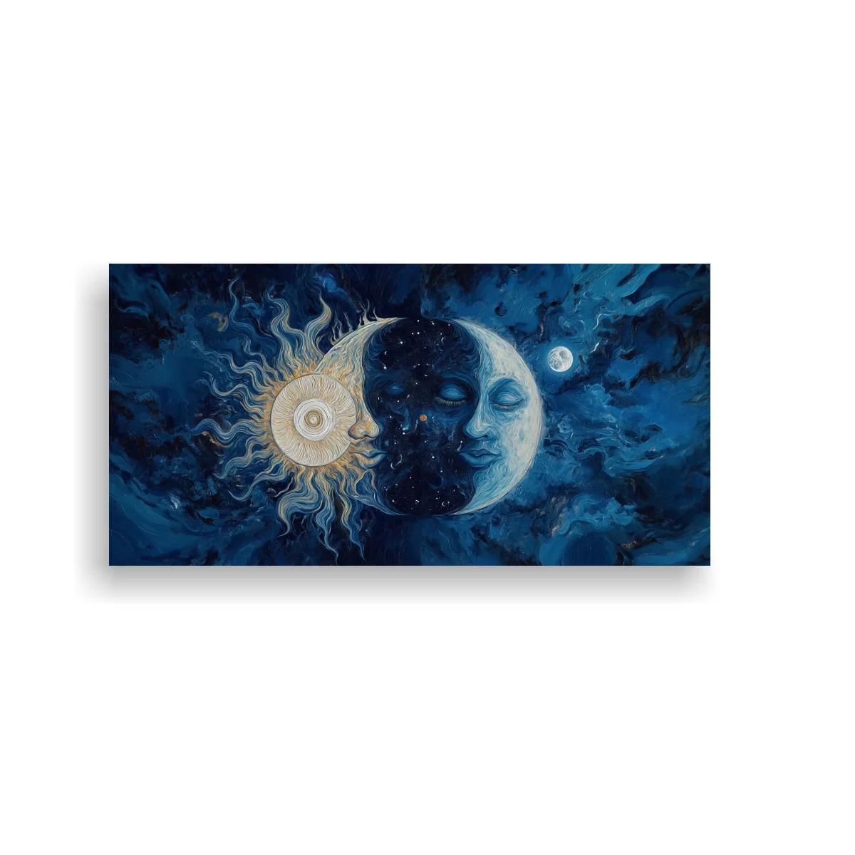 Cuadro sol y luna con rostros fusionados y cielo oscuro