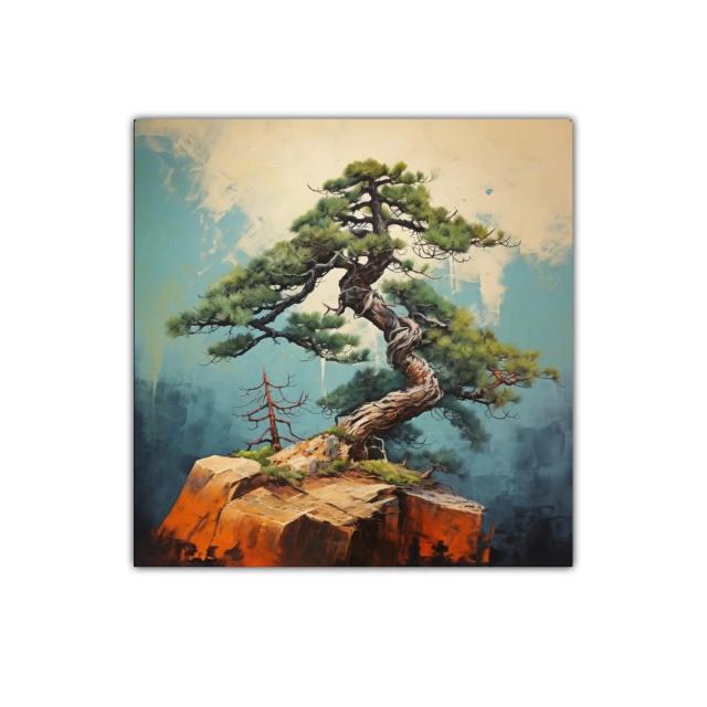 Árbol Bonsái en Roca con Fondo Azul y Beige