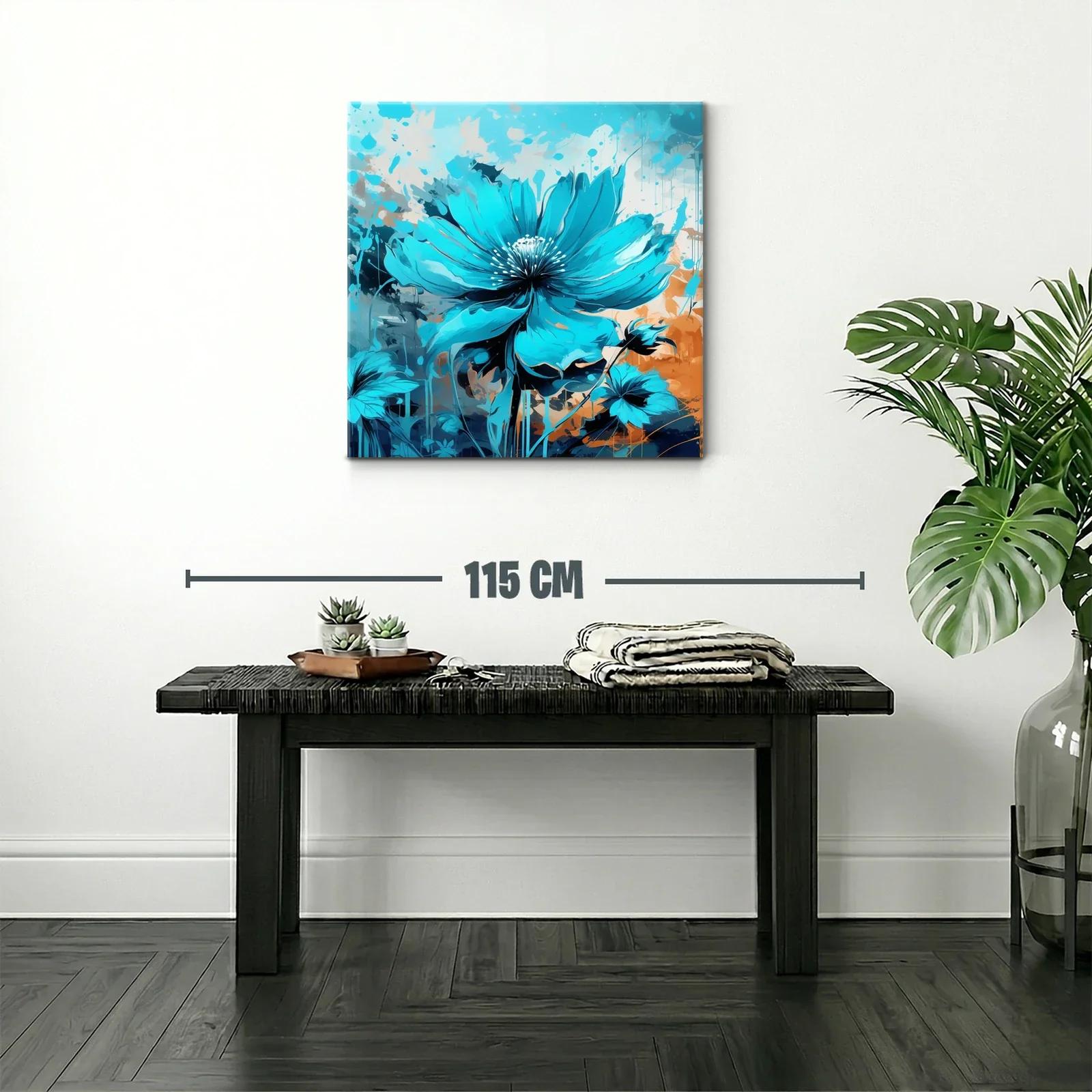 Cuadro con flor azul vibrante sobre fondo abstracto cálido — miniatura 2