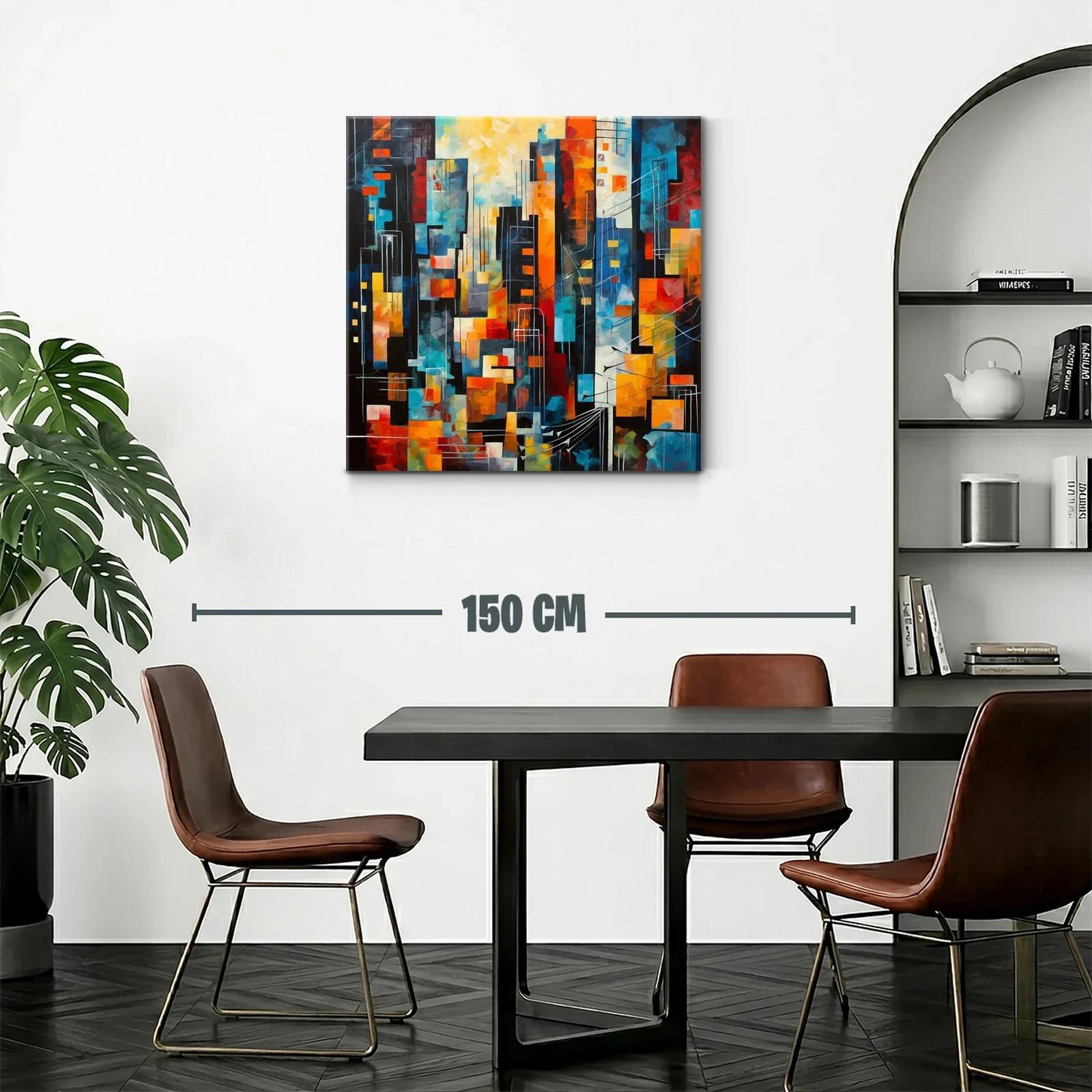 Cuadro abstracto con vibrante ciudad en tonos cálidos y fríos — miniatura 2