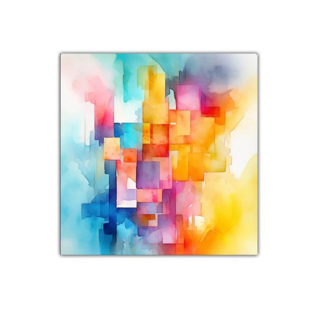 Cuadro abstracto vibrante con figuras geométricas y tonos luminosos