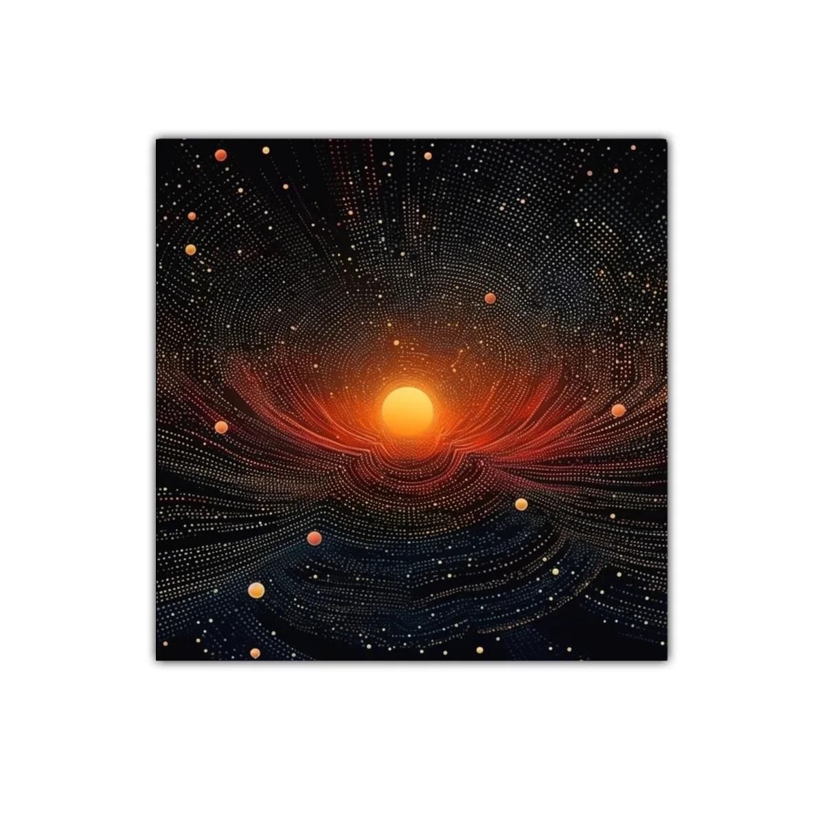 Cuadro abstracto con esfera luminosa y galaxias puntillistas — miniatura 1
