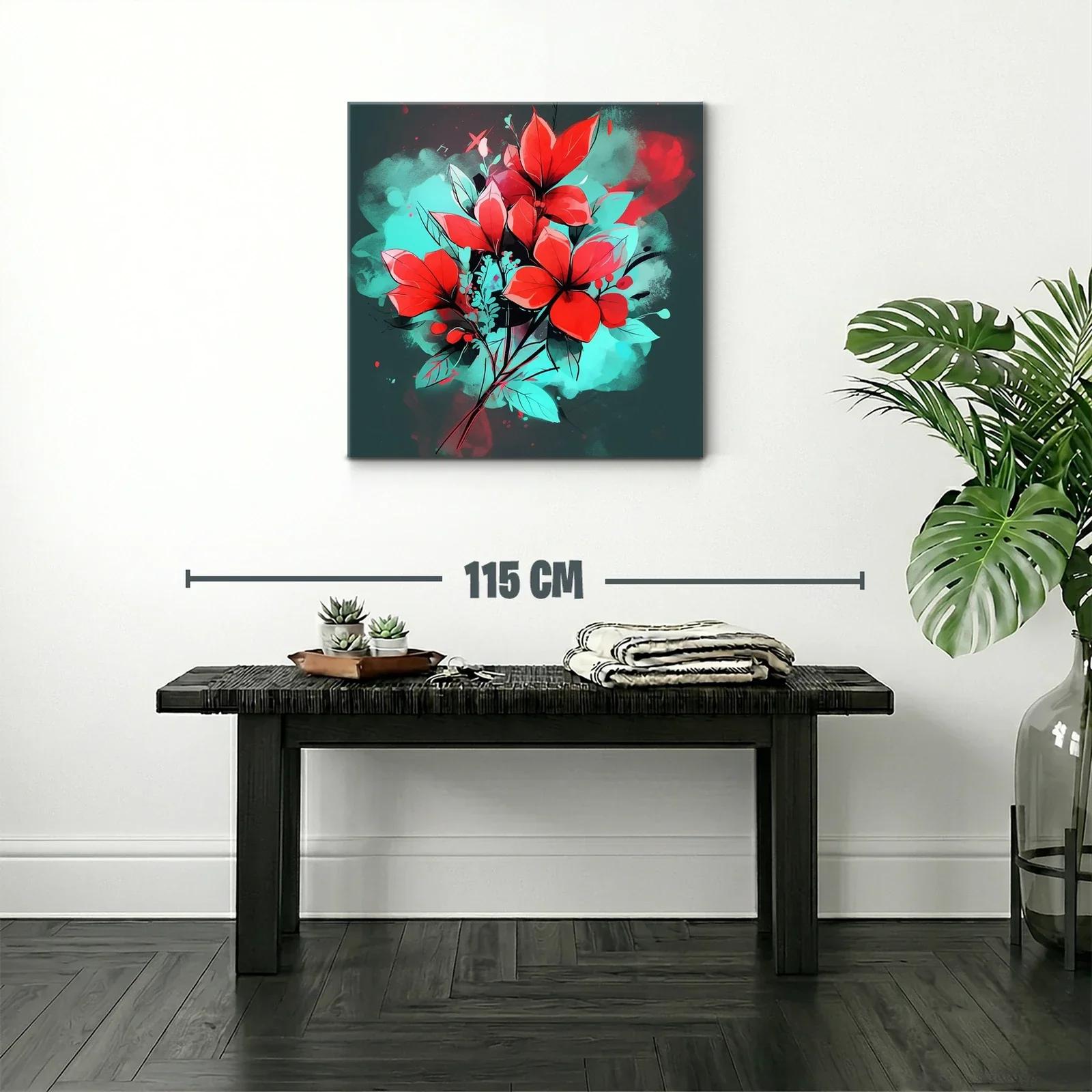 Cuadro floral vibrante con contraste rojo y turquesa — miniatura 2