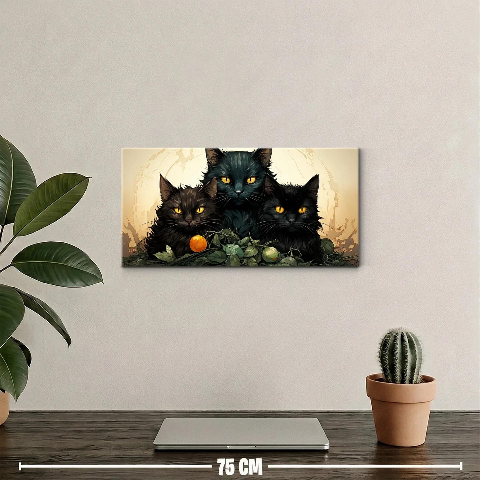 Cuadro tres gatos negros con ojos amarillos y follaje oscuro — miniatura 2