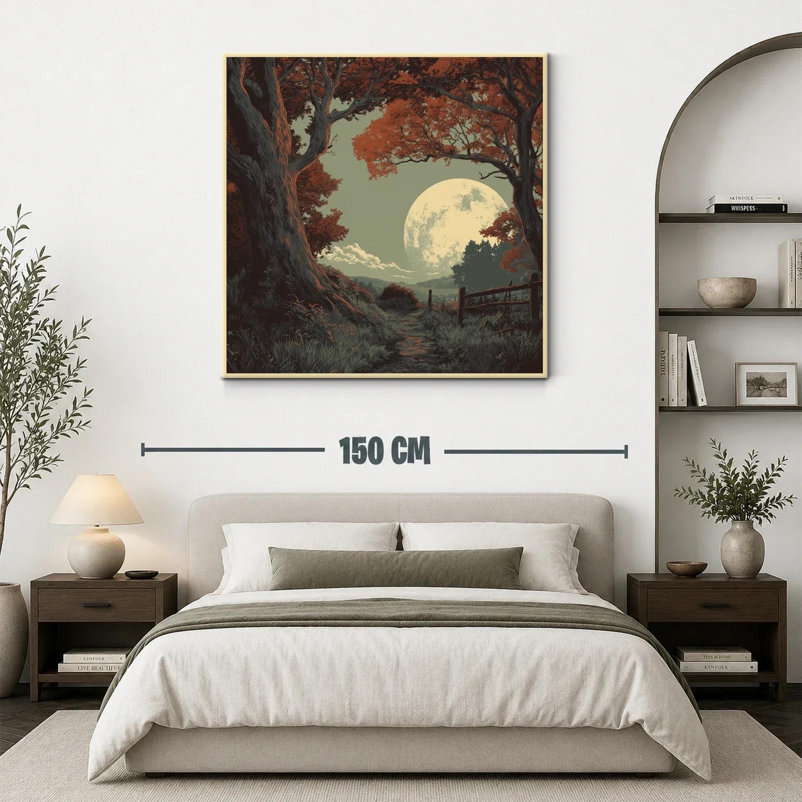 Camino nocturno iluminado por luna llena y árboles rojizos — miniatura 3