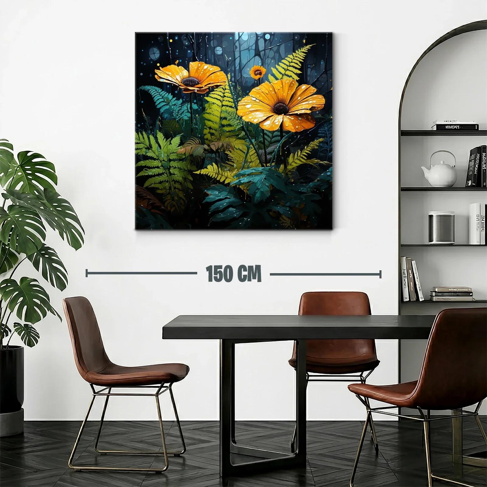 Flores amarillas en bosque oscuro con gotas de rocío — miniatura 2