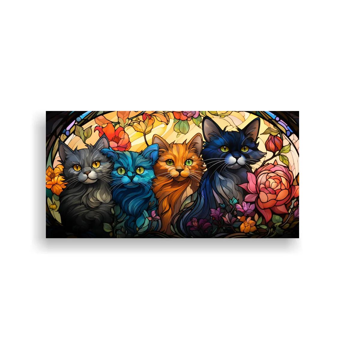 Cuadro cuatro gatos de colores bajo arco floral