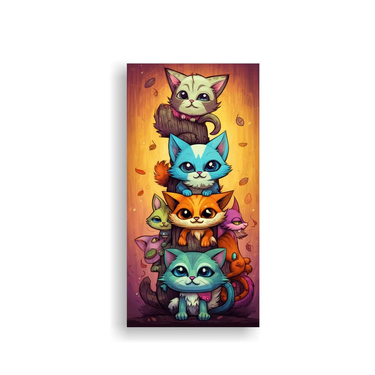 Cuadro torre de gatos con hojas cayendo