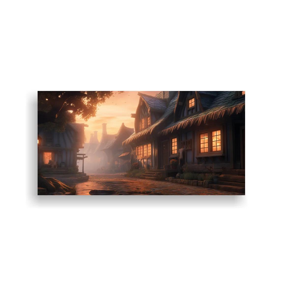 Cuadro calle de pueblo con casas iluminadas y bruma — imagen principal