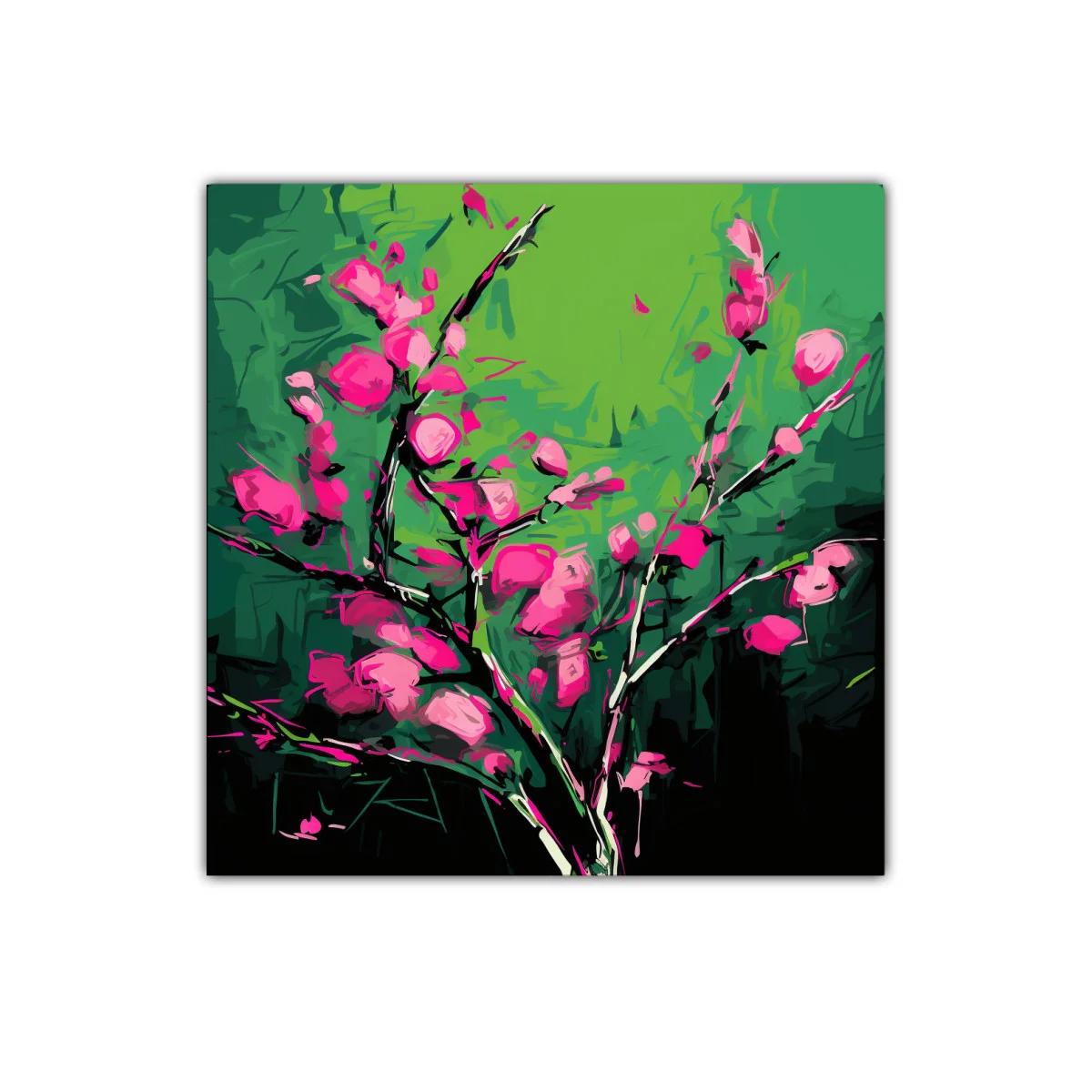 Cuadro vibrante con flores fucsias sobre fondo verde