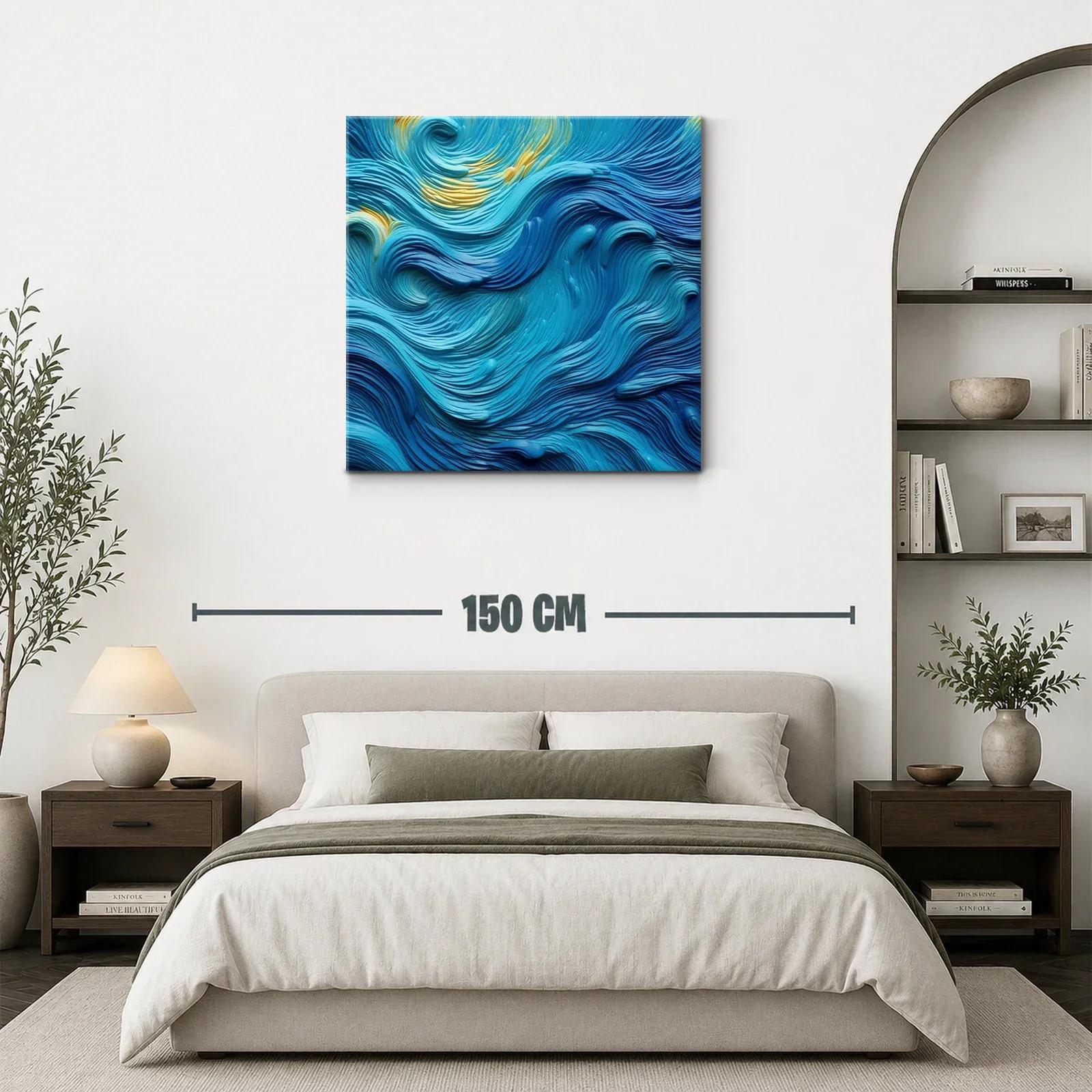 Cuadro abstracto con ondas en tonos azules y toques dorados — miniatura 3