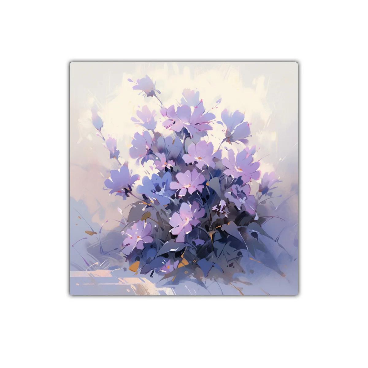 Cuadro decorativo con ramo de flores en tonos lilas y azulados