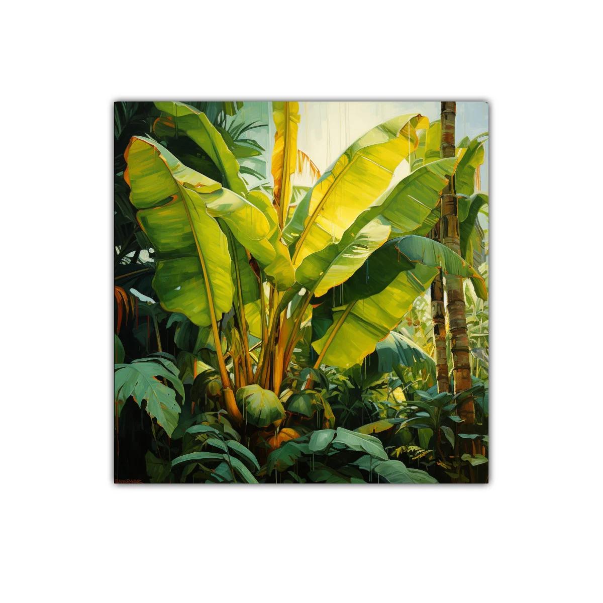 Cuadro tropical con exuberantes hojas verdes iluminadas — imagen principal