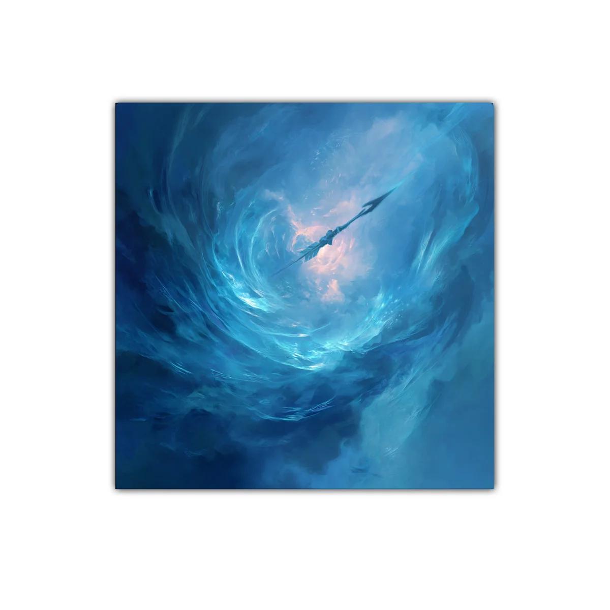 Cuadro abstracto con remolino y lanza en tonos azules — imagen principal