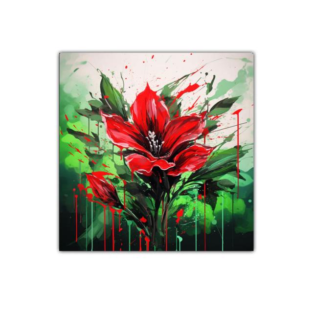 Cuadro floral vibrante rojo y verde para decoración moderna