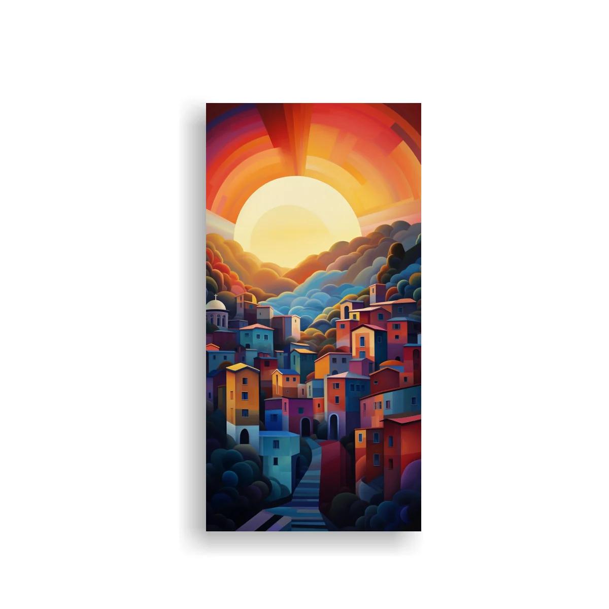 Cuadro pueblo colorido al atardecer con camino entre colinas
