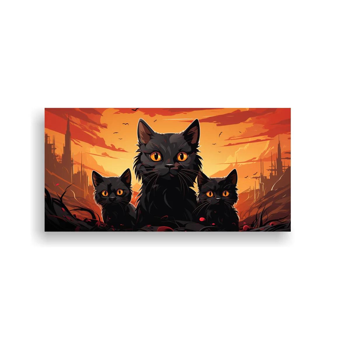 Cuadro tres gatos negros entre escombros y cielo encendido