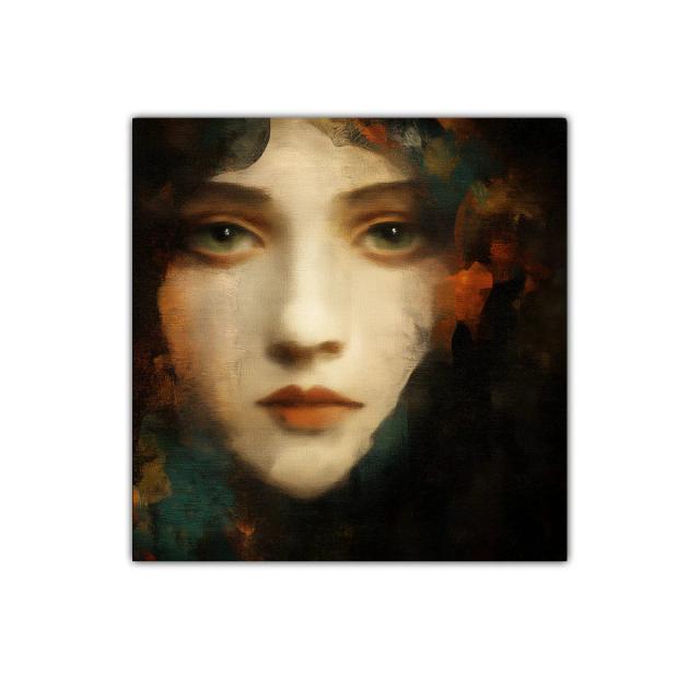 Retrato femenino expresivo con tonos cálidos y profundos