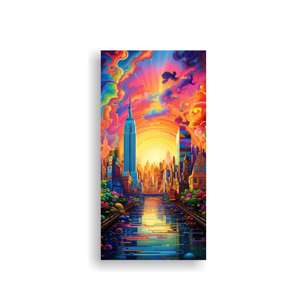Cuadro skyline urbano al atardecer con canal brillante — imagen principal